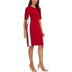 Manufacturer: Kasper Style Type: Sheath Dress Collection: Kasper Sleeve Length: Short Sleeves Material: 97% Polyester/3 Elastane Fabric Type: Crepe Specialty: Colorblock Sku: BH5593711 Size: XS.  Color: Red.  Gender: female.  Age Group: adult. Chic Shift Dresses, Striped Shift Dress, Crewneck Design, Sporty Chic, Matching Family Outfits, Family Outfits, Casual Coat, Sleeves (women), Side Stripe