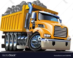 a large yellow dump truck is parked in front of a pile of rocks and gravel