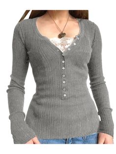 Ladies Button Front Knit Tops Long Sleeve Lace Patchwork Slim Fit Fairy Grunge T-Shirts Tops For Grunge Aesthetic Clothes, Cute Jumpers, Grunge Shirt, Chic Sweaters, Lace Patchwork, Fairy Grunge, Long Sleeve Knit Tops, Pullover Shirt, Vintage Streetwear