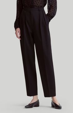 Tailored from Italian-woven virgin wool, these tapered-leg pants feature reversed front pleats that create a relaxed fit. 27" inseam; 15" leg opening; 12 1/2" front rise; 16" back rise (size 42FR) Zip fly with hook-and-bar closure Front slant pockets; back button-welt pockets 100% virgin wool Dry clean Made in Italy Designer Clothing Elegant Formal Pants With Relaxed Fit, Elegant Tapered Pants For Fall, Elegant Tapered Fall Pants, Elegant Relaxed Fit Dress Pants With Pressed Crease, Pleated Formal Pants For Fall, Elegant Pleated Dress Pants With Tapered Leg, Elegant Pleated Tapered Leg Dress Pants, Elegant Business Pants With Relaxed Fit, Elegant Relaxed Fit Business Pants