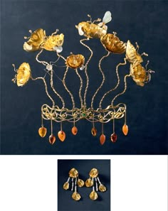 a gold tiara with flowers and leaves on the front, an orange droplet dangling from it's sides