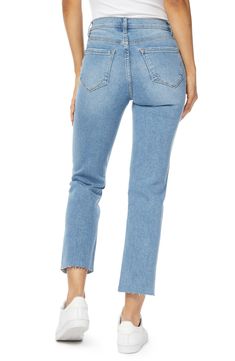 Styled with distressing at the knees and a raw hem, these high-rise jeans are fitted with a straight-leg silhouette for a casual everyday look. 8" rise, 27" inseam (size 26) Zip fly with button closure Five-pocket style High rise Raw hem 68% cotton, 28% polyester, 3% rayon, 1% spandex Machine wash, tumble dry Imported Model stats: 5'10", 32" bust, 25" waist, 36" hip. Model is wearing size 26. Slim Leg, Casual Everyday, Slim Waist, High Rise Jeans, Slim Jeans, Slim Legs, Brisbane, Everyday Look, Straight Leg Jeans