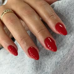 Thick Acrylic Nails, Round Fake Nails, Nails Short Oval, Almond Nails Red, Red Press On Nails, Rounded Acrylic Nails, Nails Press Ons, Red Gel Nails, Wide Nails