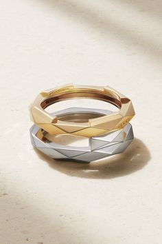 Gucci's ring is part of the 'Link to Love' collection, which celebrates cherished symbols of love throughout history. It's crafted from contrasting bands of 18-karat white and yellow gold in geometric shapes that provide the perfect base for personal engravings. Gucci Link To Love, Marriage Ring, Gucci Rings, Love Ring, Love Symbols, Yellow Gold Rings, Women Collection, Luxury Design, Jewellery And Watches