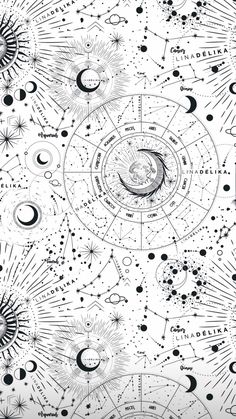 a black and white pattern with stars, planets and sunbursts on it