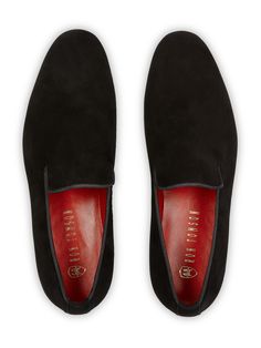 This plush black version of the timeless 'loafer' has been hand crafted from flawless suede leather, embellished with a leather insole that nods to the brand's heritage. Perfectly paired with a tailored suits, leather jackets or a tuxedo on a red carpet. Stacked heel. Leather Lining for a luxurious feel and moisture control Leather sole Tapered round toe. Slip-on style. The handmade leather outsole and insole are Made in Italy. STYLE #32399 Business Black Suede Loafers, Luxury Suede Slip-ons For Galas, Black Slip-on Loafers With Suede Lining, Black Suede Slip-on Dress Shoes, Black Slip-on Dress Shoes With Contrast Sole, Black Suede Slip-ons For Business, Formal Suede Dress Shoes With Removable Insole, Black Almond Toe Slip-ons For Galas, Formal Suede Moccasins With Contrast Sole