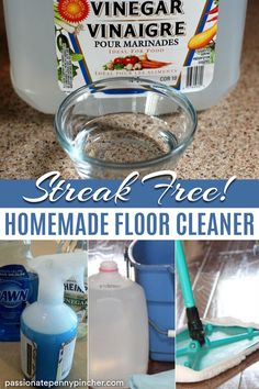 there is a collage of pictures showing how to make homemade floor cleaner for your home