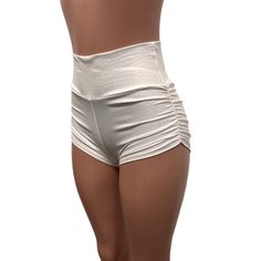 Sexier and more flattering! Our classic booty shorts made in white embossed mandala (textured) spandex with ruching on each side. Made to flatter your figure and move with you. The standard inseam is 2.5" - but can be customized. Choose between low-rise, mid-rise and high-waist (high-waist shown in photos). Please note - white fabrics are always a little sheer. Fitted White Athletic Shorts, White Fitted Athletic Shorts, White Yoga Shorts With Elastic Waistband, White High-waisted Yoga Athletic Shorts, Fitted Athletic Shorts For Yoga With Elastic Waistband, Fitted Athletic Shorts With Elastic Waistband For Yoga, Summer Yoga Athletic Shorts With Wide Waistband, Fitted Ruched Shorts For Summer, Summer Athletic Shorts For Yoga With Wide Waistband