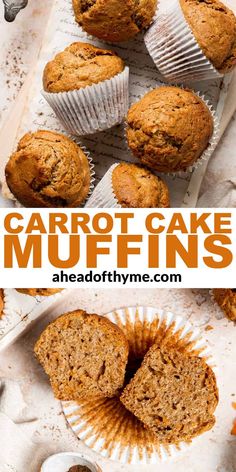 carrot cake muffins are cut in half and stacked on top of each other