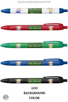 four different colored pens with cartoon characters on them and the words'add background color '