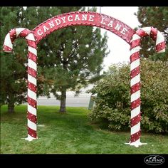 a candy cane arch with the words candy cane lane on it in front of some trees