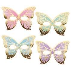 four different colored butterfly masks on a white background