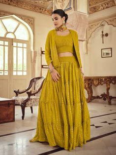 Mustard Georgette Partywear Lehenga Choli - Inddus.com Jacket Style Lehenga, Lehenga Yellow, Indo Western Lehenga, Western Lehenga, Crop Top Lehenga, Anarkali Lehenga, Georgette Lehenga, Lehenga Suit, Yellow Lehenga