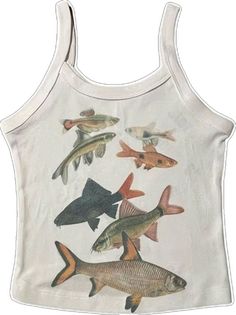 Aesthetic Fish Print Tank Top: Black and white tank tops with colorful fish prints. Slim fit with spaghetti straps Size:• S: Bust: 70cm/ 27.6 in, Length: 48cm/ 18.9 in• M: Bust: 74cm/ 29.1 in, Length: 49cm/ 19.3 in• L: Bust: 78cm/ 30.7 in, Length: 50cm/ 19.7 inMaterial: Polyester Cute Clothes Vintage, Island Cruise Outfits, Silly Clothes Aesthetic, Fish Outfit Aesthetic, Fish Themed Outfit, Cute Clothing Items, Cute Cami Tops, Dream Clothes T-shirts & Tank Tops, Black Tank Top Outfit Aesthetic