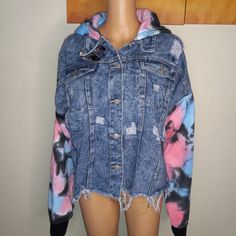 Thrill Denim Jacket New With Tags Size 1x, 2x,3x Distressed Denim Jacket With Tie Dye Sleeves Colorful And Stylish Pink Denim Outerwear For Streetwear, Pink Denim Jacket For Streetwear, Oversized Pink Long Sleeve Denim Jacket, Oversized Pink Denim Jacket With Long Sleeves, Pink Denim Jacket For Spring Streetwear, Trendy Pink Cotton Denim Jacket, Pink Denim Jacket With Pockets, Pink Washed Outerwear For Spring, Trendy Pink Denim Outerwear