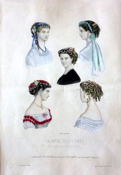 Fashion plate 1860s 1860s Fashion, Musical Hair, Hairstyles For Gowns, 1870s Fashion, 1860 Fashion, 19th Century Clothing, Head Coverings, 1800s Fashion