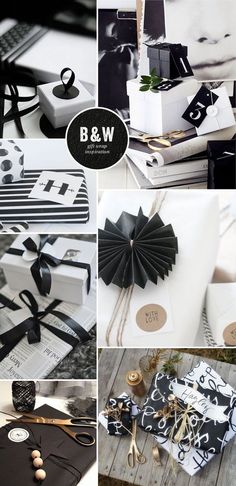 black and white wedding stationery with monogrammed ribbon, bow tie, gift wrapping