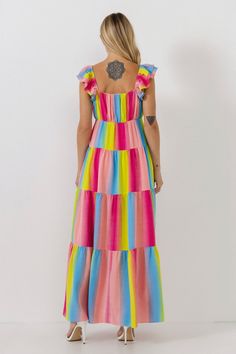 What's not to love about a summer dress that's both stylish and comfortable? This ombre stripe maxi dress is perfect for hot days, with a lightweight fabric and airy silhouette. The colorful print is sure to add a pop of personality to any outfit, while the maxi length provides plenty of coverage. Whether you're headed to the beach or out for dinner, this dress is sure to make a statement. Ombre stripe print Maxi length Ruffle detail at sleeves Invisible zipper at side Fully lined Shell: 100% Po Summer Beach Dresses In Rainbow Color, Rainbow Summer Dresses For Vacation, Rainbow Beach Dress For Spring, Rainbow Beach Dress For Summer, Striped Maxi Dress For Beach In Spring, Rainbow Dress For Beach In Spring, Striped Maxi Dress For Spring Beach Occasions, Striped Flowy Maxi Dress For Spring, Striped Midi Dress For Summer Vacation