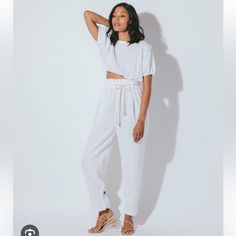 New With Tags Cleobella Kali Pants White High-waisted Pants For Daywear, White Spring Loungewear Pants, White Linen High-waisted Pants, White High-waisted Bottoms For Loungewear, White High-waisted Pants For Loungewear, White High-waisted Linen Pants, White Straight Pants For Loungewear, Chic White Relaxed Fit Pants, White Summer Loungewear Pants