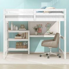 a white bunk bed sitting next to a desk and chair