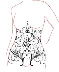 Large Stomach Tattoos For Women, Ornamental Torso Tattoo, Ornamental Stomach Tattoos Women, Body Concept Tattoo, Full Body Flower Tattoo, Large Lower Back Tattoos For Women, Gothic Stomach Tattoo, Ornamental Stomach Tattoo, Full Stomach Tattoo Woman