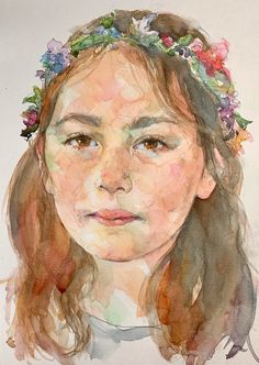 a watercolor painting of a girl with flowers in her hair and wearing a flower crown