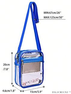 BagForLove - Stadium-Approved Clear Crossbody Bag for Work, Business & Events - 12 x 12 x 6 inches Product Description Color Blue Type Square Bag Bag Size Mini Pattern Type Plain Composition 20% Polyester Material PVC Size Chart INCH CM Strap Length Bag Length Bag Width Bag Height 49.2 inch 5.9 inch 1.8 inch 7.9 inch Strap Length Bag Length Bag Width Bag Height 125 cm 15 cm 4.6 cm 20 cm Details Pictures Similar Products h2 { text-align: center; } /* æ¢è¡ */ li{ white-space: normal; word-break: break-all; word-wrap: break-word; } .red-box { width: 100%; display: flex; flex-direction: row; flex-wrap: wrap; justify-content: center; } .red-box > div { width: 190px; height: 250px; margin: 10px; } .red-box > div > a > img { width: 190px; height: 250px; } .size-box { width: 100%; margin: auto; Casual Portable Bag For Personal Use, Portable Blue Shoulder Bag, Portable Blue Shoulder Bag For Everyday Use, Blue Multifunctional Bags For Daily Use, Multifunctional Blue Bags For Daily Use, Blue Portable Rectangular Satchel, Blue Multifunctional Shoulder Bag For Everyday Use, Blue Rectangular Portable Satchel, Blue School Satchel