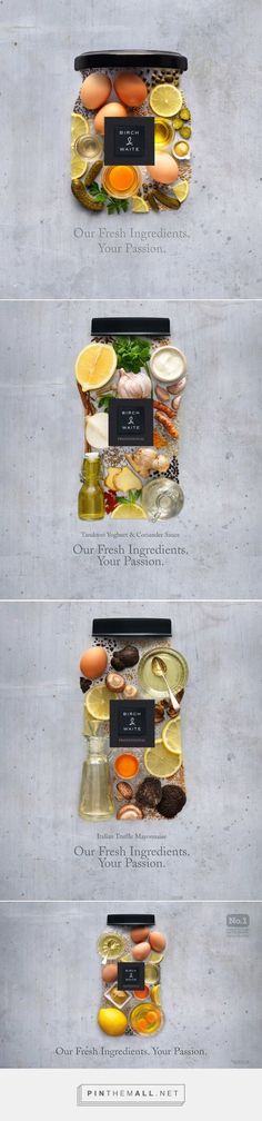 four different types of food are shown in this graphic style, including eggs and sauces