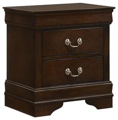 a brown wooden nightstand with two drawers