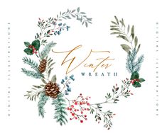 a christmas wreath with pine cones, holly leaves and berries on it is the words merry wreath