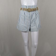 Mine Paper Bag Blue Nautical Striped Shorts Belted Beach Casual Summer Womens M. High Waisted, Belted Shorts. Blue And White Vertical Stripes. Two Front Pockets. Cuffed. Fabric: 100% Cotton Size: Medium Waist: 31" Rise: 14" Inseam: 2.5" Condition: New Without Tags Color(S): Blue, White, Tan Preppy Bottoms For Summer Day Out, Preppy Summer Bottoms For Day Out, Chic Striped Bottoms For Beach Season, Preppy Bottoms For Beach In Spring, Preppy Cotton Bottoms For Vacation, Preppy Bottoms For Beach And Spring Season, Preppy Bottoms For Spring Vacation, Preppy Blue Bottoms For Day Out, Summer Beach Shorts With Paperbag Waist