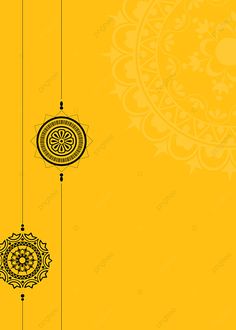 an orange and yellow background with three circular ornaments hanging from the strings on each side