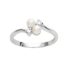 Understated elegance. Add timeless style to any outfit with this rhodium-plated sterling silver cultured pearl ring. Cultured pearls lend a lustrous glow. CubicÂ zirconia stones provide brilliant sparkle.Â  Rhodium-plated sterling silver construction promises lasting shine. Details: Online exclusive 4-mm cultured pearls 8-mm width Sterling silver Â Â  Â Â  Gemstones may have been treated to enhance their appearance. Special care may be required. Please visit our Gem Pearl Ring Design, White Gemstones, Cultured Pearl Ring, Handmade Gold Jewellery, Jewelry Lockets, Bypass Ring, Right Hand Rings, Stylish Rings, Jewelry Companies