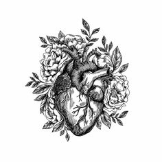 a drawing of a human heart surrounded by flowers