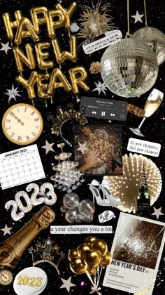 new year's eve collage with gold, silver and black items in the background