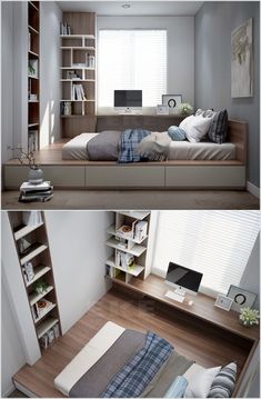 there are two pictures of a small bedroom with bed and desk in the same room