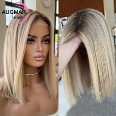 Short Ash Blonde Brown Highlight Wig Straight Bob Wig Lace Front Human Hair Wigs Brown Highlight Wig, 13x4 Lace Front Wig, Blonde With Dark Roots, Blonde Lace Front Wigs, Cheap Human Hair, Wig Short, Straight Lace Front Wigs, Lace Front Human Hair, Short Bob Wigs