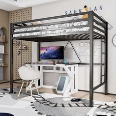 a loft bed with desk underneath it in a room that has a rug on the floor