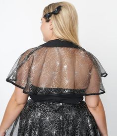 An enthralling addition to your Halloween ensemble, this thrilling black organza capelet dancing with silver spider webs. The solid black collar is secured with a self tie as it flows to a straight hem that dances above the elbows!Available in size S/M/L-4X/5X while supplies last Pinafore Skirt, Magnolia Park, Spider Webs, Plus Size Black, Halloween Sale, Hawaiian Print, Plus Size Skirts, Red And Black Plaid, Model Pictures