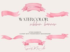 watercolor ribbon banner with pink ribbons