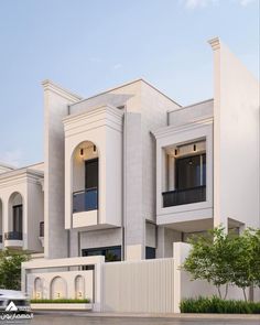 an artist's rendering of the exterior of a modern house with white walls and balconies