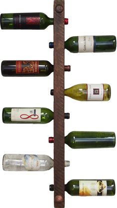 a wooden wine rack with six bottles on it's sides and an eight bottle holder attached to the wall