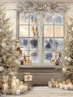 christmas trees and candles in front of a window