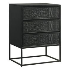 a black cabinet with three drawers and metal legs