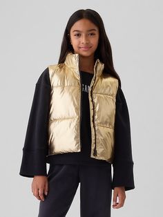 Kids Recycled Metallic Puffer Vest Vest Quilted, Girls Outerwear, Support People, Brand Collaboration, Gender Equality, Puffy Jacket, Gap Kids, Girl Coat, Product Label