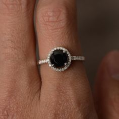 Rings Black Halo Ring Black Spinel Ring Promise Ring for Girl | Etsy Classic Black Halo Jewelry, Classic Black Ring With Halo Setting, Black Halo Jewelry For Anniversary, Black Halo Design Jewelry Gift, Elegant Black Round Diamond Ring, Black Round Halo Jewelry, Black Round Sapphire Ring For Anniversary, Round Black Halo Jewelry, Classic Black Sapphire Ring With Prong Setting