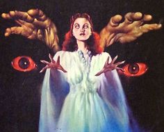 a painting of a woman surrounded by two hands with evil eyes on her face and arms outstretched