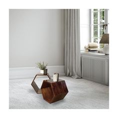 a living room with white carpet and a wooden coffee table in the middle of it