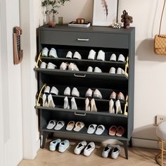 there are many pairs of shoes on the shelf