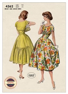 A pretty summer frock from the 1950s. It has a princess cut skirt with a gathered flounce at the back skirt, trimmed with bows either side. The cropped buttoned bodice has under bust  bands trimmed with a centre bow.  The pattern is in Bust 38 ins. Waist 30 ins.  Hip 40 ins. A few Suggested fabrics: Polished cotton, Linen,  Cotton, Shantung The Pattern comes with Step by Step Instructions  and a Helpful Sewing Guide The PDF Multi-page pattern and Instructions are  easy to download and print PLEA Spring 1950s Style Dresses With Vintage Pattern, 1950s Style Vintage Pattern Spring Dresses, Green Wedding Shoes Bride, A-line Dress With Vintage Pattern In 1950s Style, 50s Dinner Gown Sewing Patterns, Vintage 50s Walkaway Full Skirt Dress Pattern, 60s Vintage Fashion, 50s Outfits, 50s Fashion Dresses